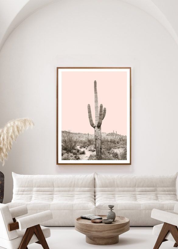 Saguaro Desert Cactus with pink and pastel in wood frame